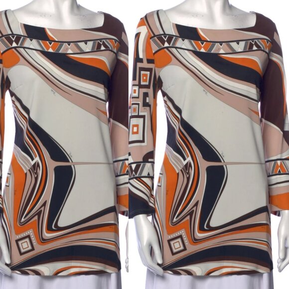 Emilio Pucci Tunic Square Neckline Allover Abstract Print 3/4 Sleeves Sz 6 - Picture 1 of 9